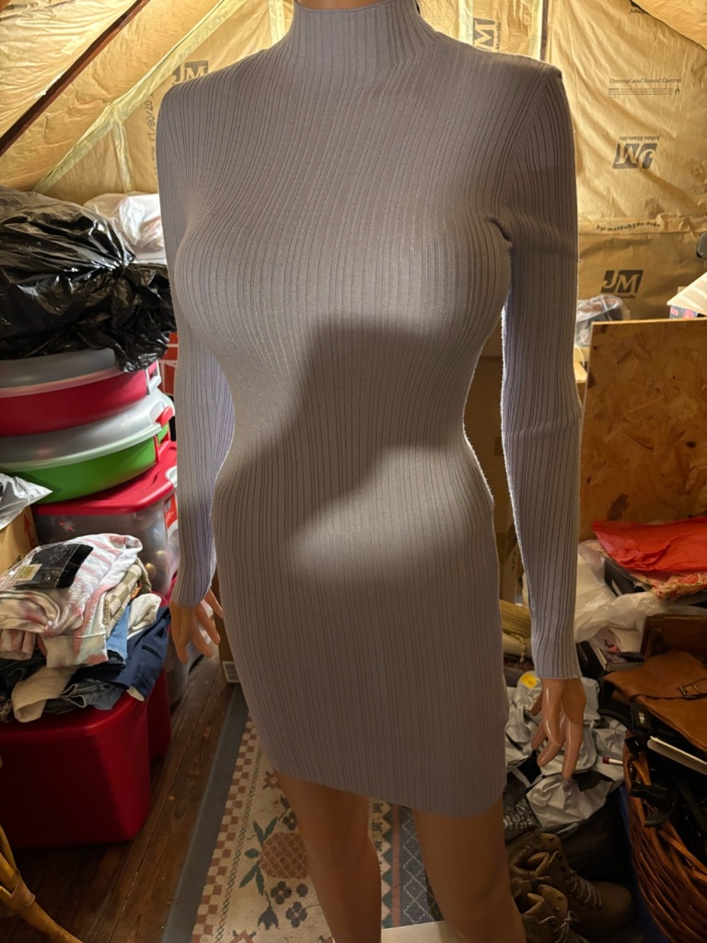 Women’s Ribbed Mock-Neck Long Sleeve Bodycon Dress Lilac Size 8